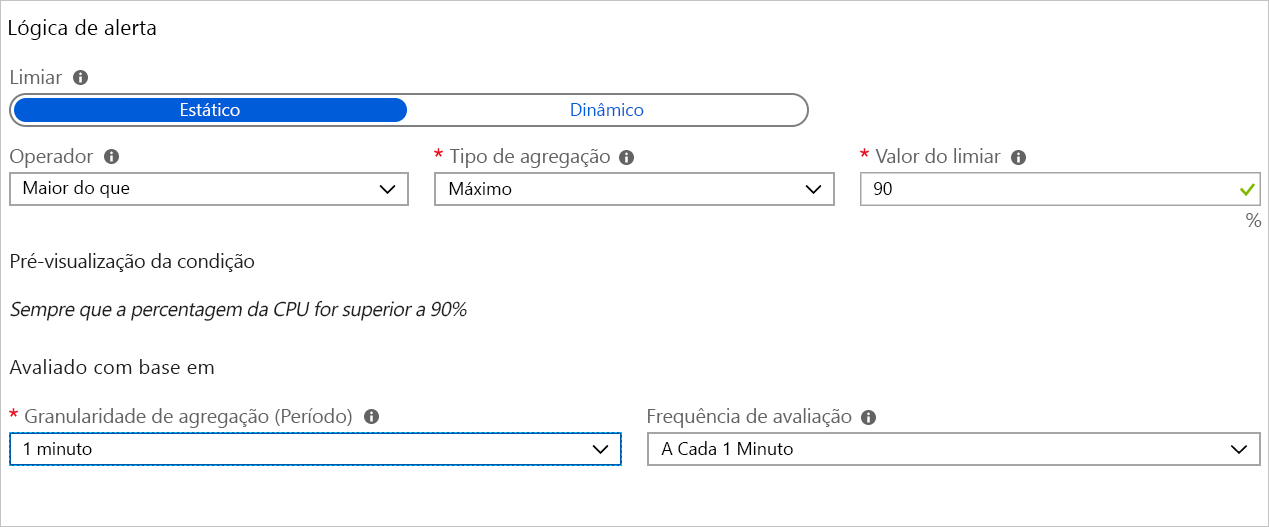 Captura de tela que mostra as configurações para a lógica de condição métrica.