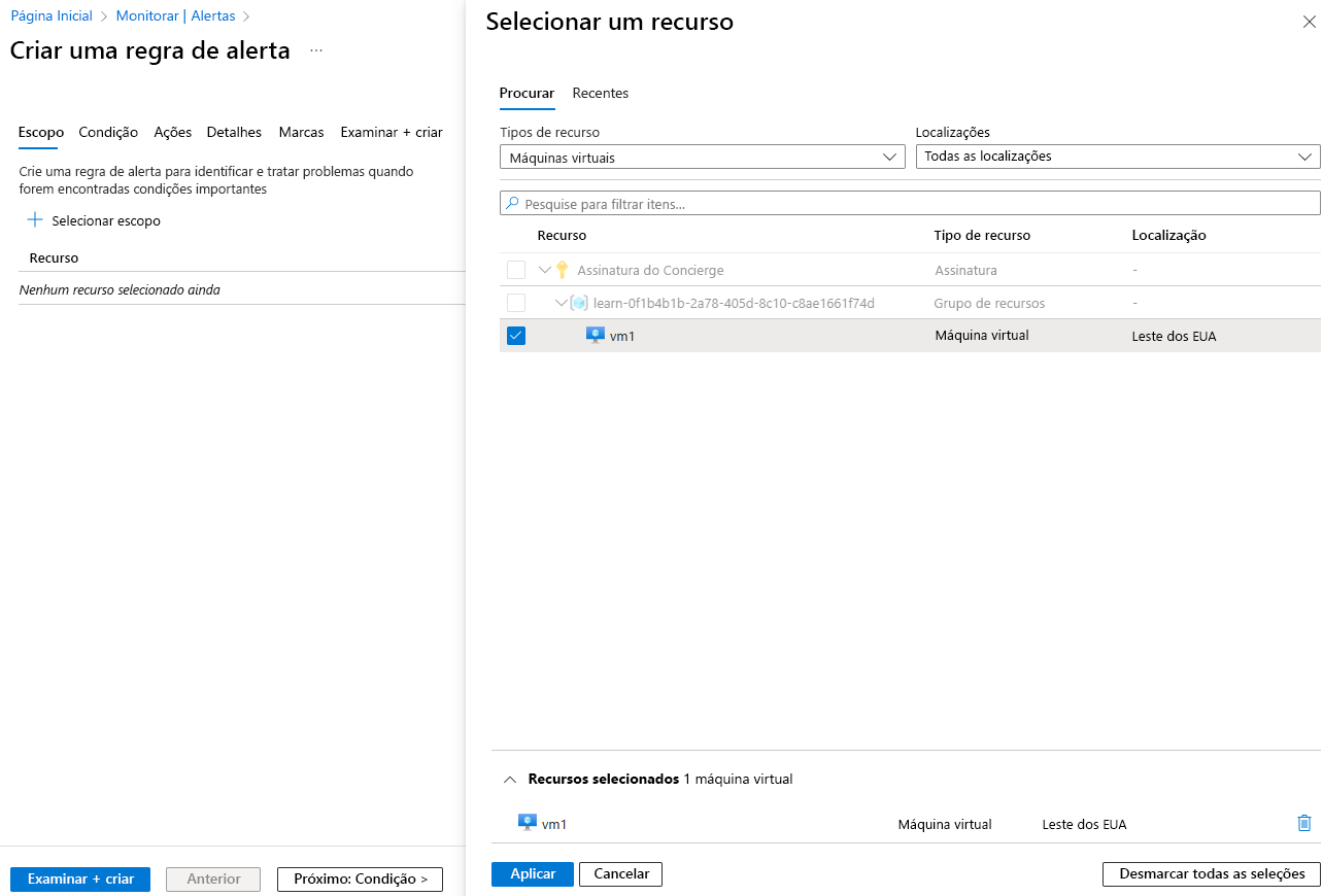 Captura de ecrã que mostra o painel 'Selecionar um recurso', com 'vm1' selecionado.