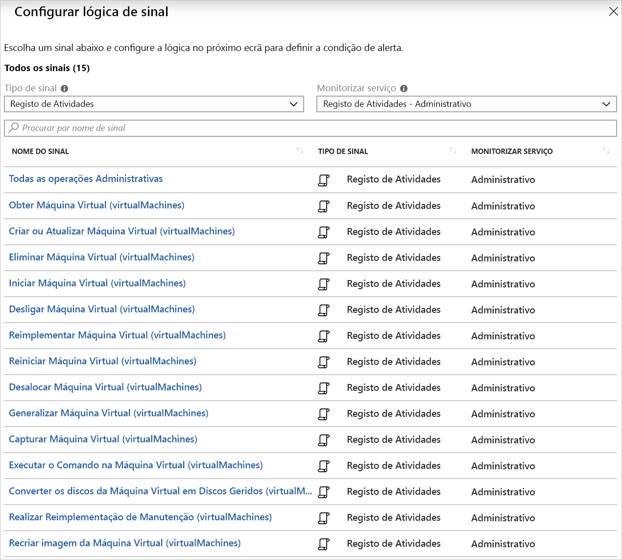 Captura de tela da lógica de sinal para alertas de log de atividades relacionadas a VMs.