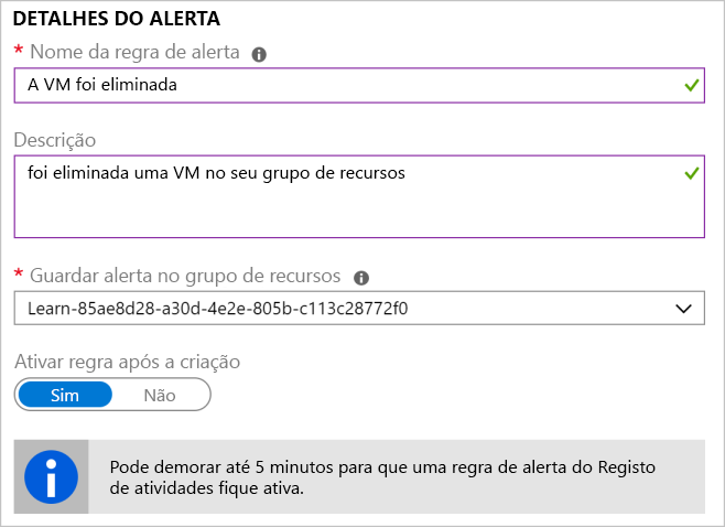 Captura de ecrã que mostra uma secção de detalhes do alerta concluída.