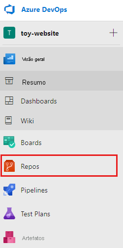 Captura de ecrã do painel de boas-vindas que mostra os ícones do Repositório realçados no painel e no menu de recursos.