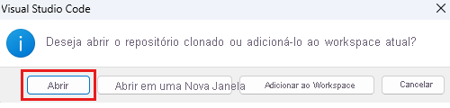 Captura de tela do Visual Studio Code que mostra um prompt para abrir o repositório clonado, com o botão Abrir realçado.
