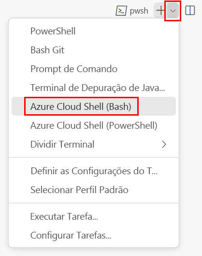 Captura de tela da janela do terminal do Visual Studio Code, com a lista suspensa do shell do terminal mostrada e Git Bash Default selecionado.