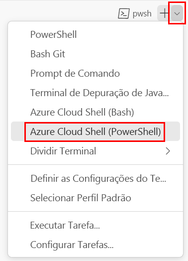 Captura de tela da janela do terminal do Visual Studio Code, com a lista suspensa do shell do terminal mostrada e o PowerShell selecionado.