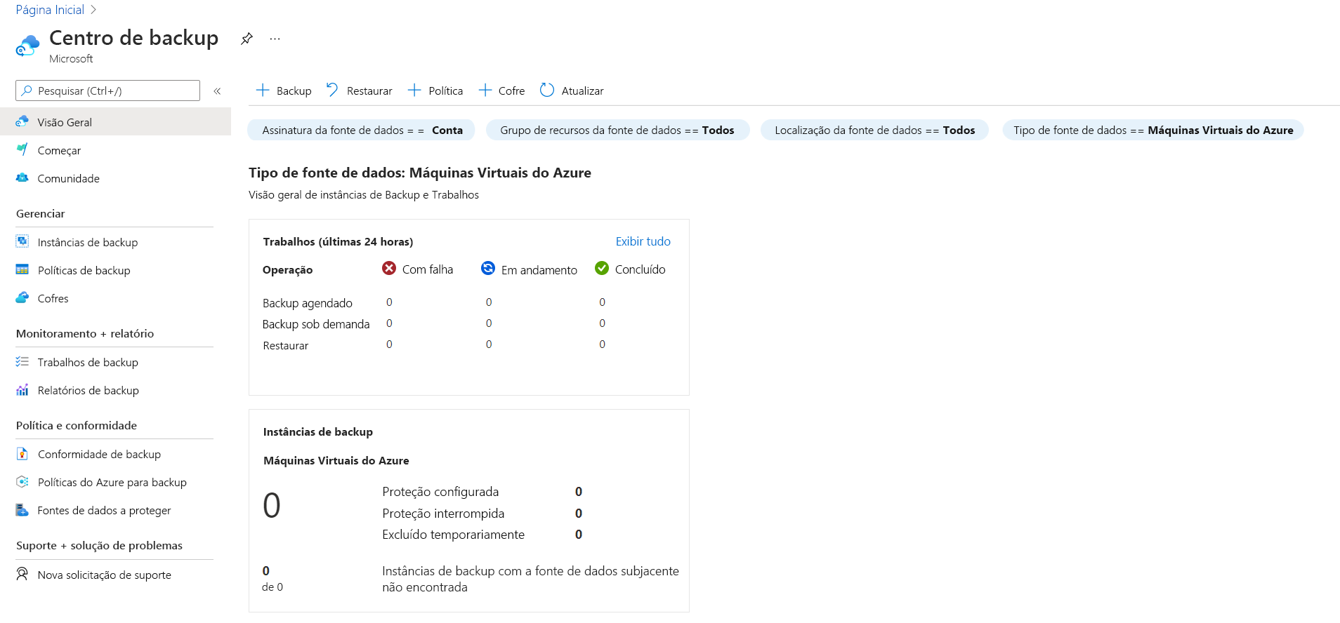 Captura de ecrã da interface de utilizador do centro de cópia de segurança no portal do Azure a apresentar informações de cópia de segurança para máquinas virtuais do Azure relacionadas com trabalhos e instâncias de cópia de segurança.