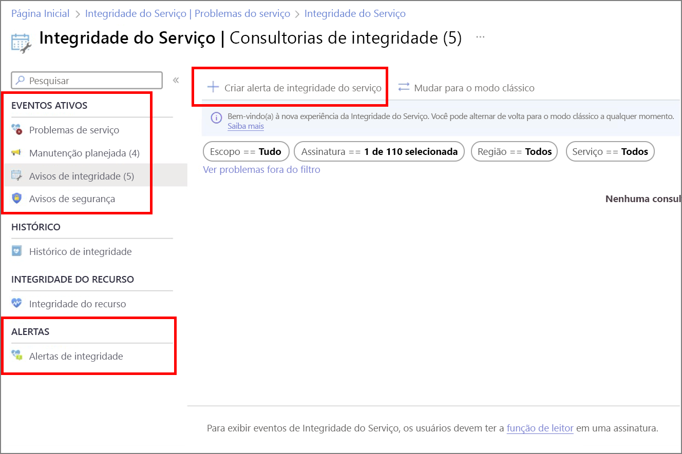 Captura de ecrã dos avisos do Azure Service Health.