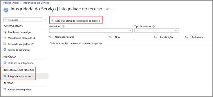 Captura de ecrã do estado de funcionamento do recurso de Estado de Funcionamento do Serviço do Azure.