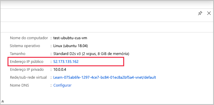 Captura de ecrã a mostrar os elementos essenciais e as propriedades da VM com o endereço IP público realçado.