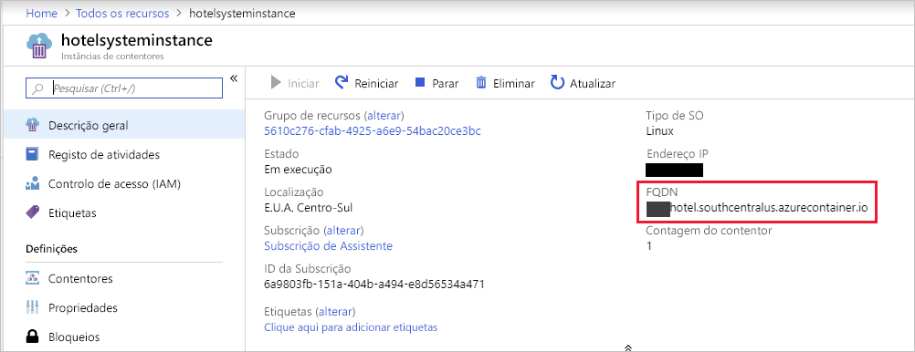 Captura de ecrã a mostrar o painel Novo no portal do Azure, a apresentar as propriedades do Contentor com o nome de domínio completamente qualificado realçado.