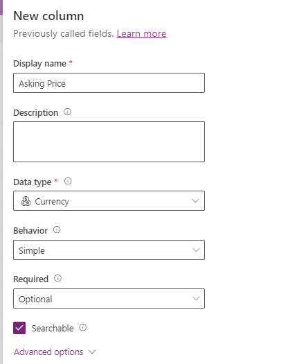 Captura de ecrã do ecrã Nova coluna configurado com base nas instruções no passo 10.