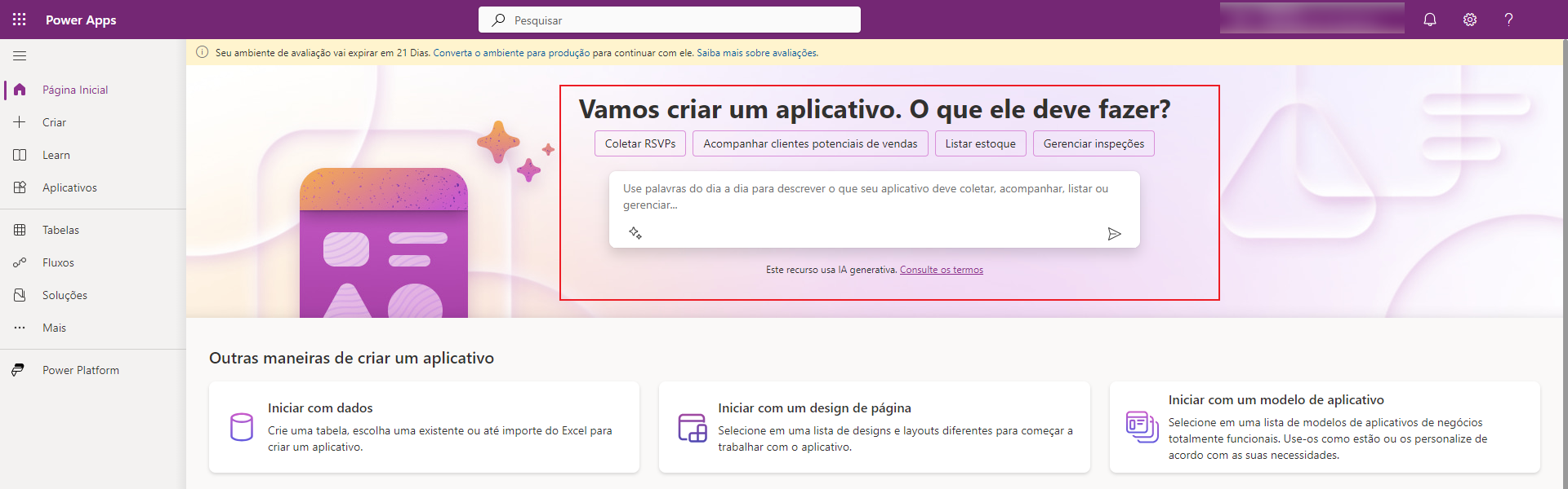 Captura de tela que mostra a descrição dos recursos de design do uso do Copilot para criar um aplicativo de tela.