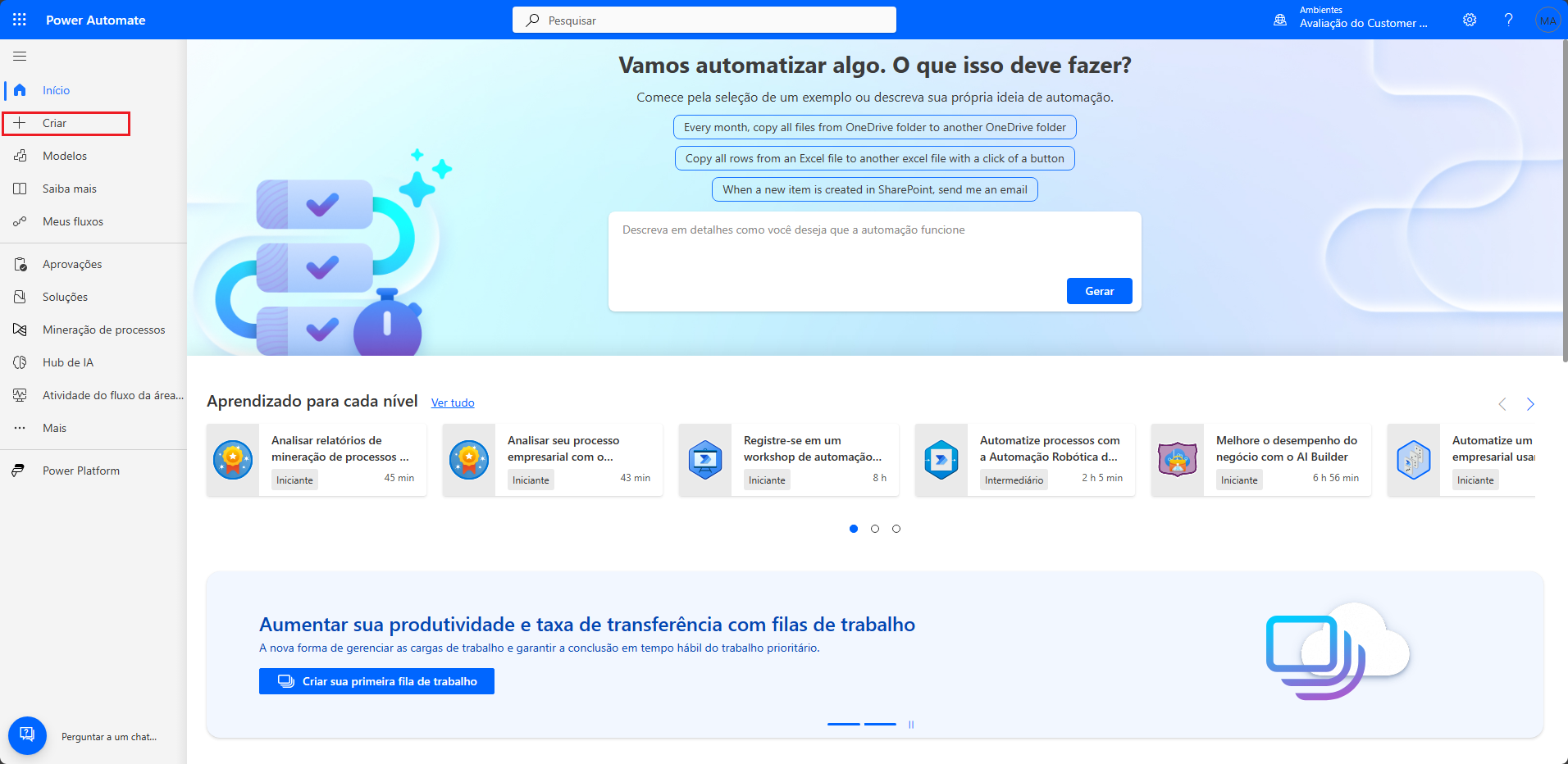 Captura de tela do Power Automate maker portal com o botão + Criar realçado.