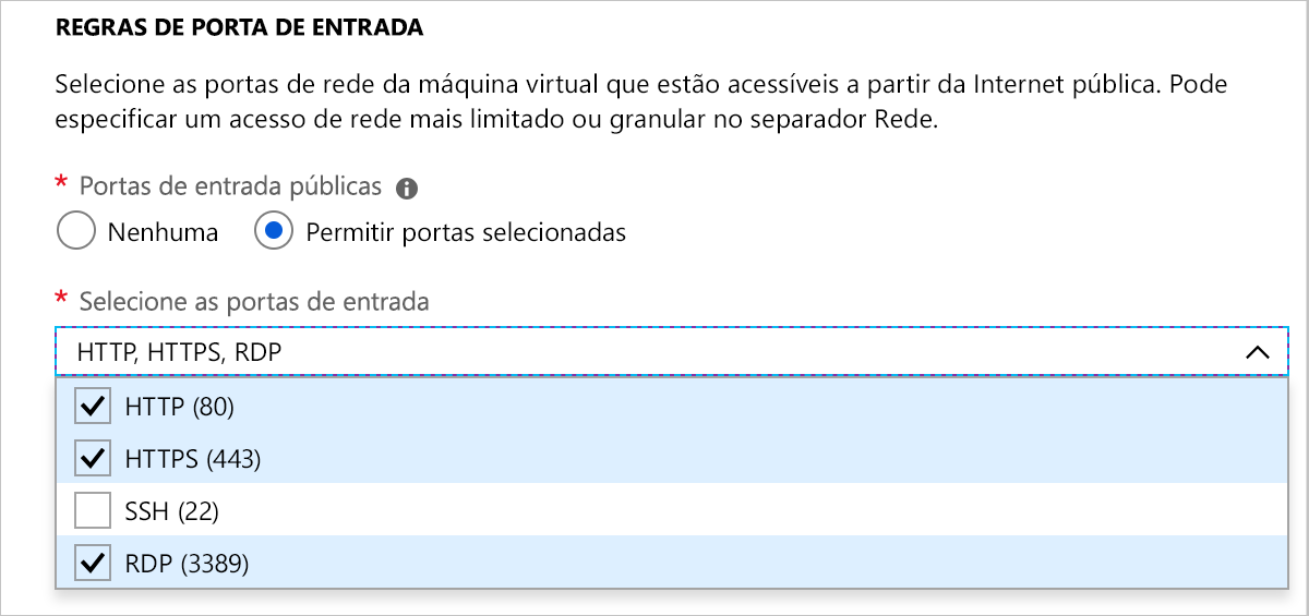 Captura de ecrã da secção regras de porta de entrada que mostra o HTTP, o HTTPS e o RDP selecionados.