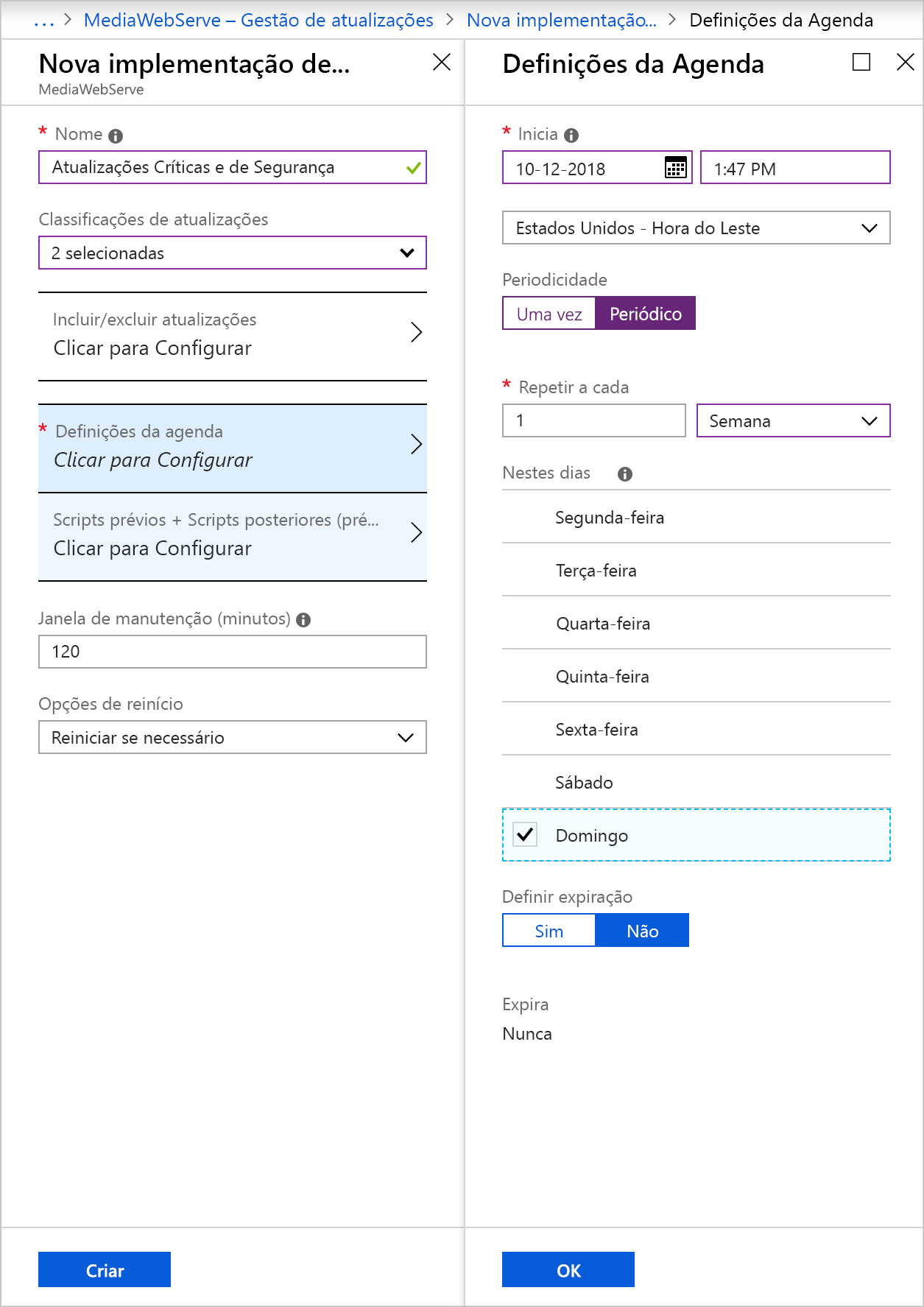 Captura de ecrã que mostra a página Nova implementação de atualização e a página Definições da agenda com os campos preenchidos conforme descrito na tabela.