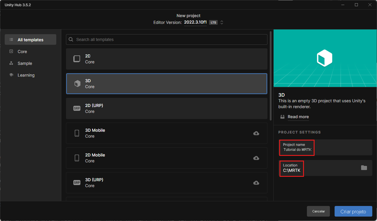 Captura de ecrã do Hub do Unity com 3D, Nome do Projeto, Localização e Criar realçados.