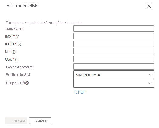 Uma captura de tela que mostra a caixa de diálogo 'Adicionar SIMs' com os campos para valores de SIM.