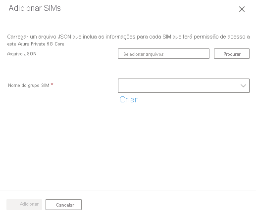 Uma captura de tela que mostra a caixa de diálogo 'Adicionar SIMs' com os campos para usar um arquivo JSON.