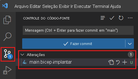 Captura de tela do Visual Studio Code que mostra o controle do código-fonte, com uma alteração no emblema do ícone e o arquivo main.bicep listado como um arquivo alterado.