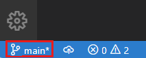 Captura de tela da barra de status do Visual Studio Code que mostra o nome da ramificação como principal.