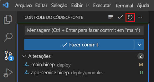 Captura de tela do Visual Studio Code que mostra o controle do código-fonte, com o ícone da barra de ferramentas Atualizar realçado.