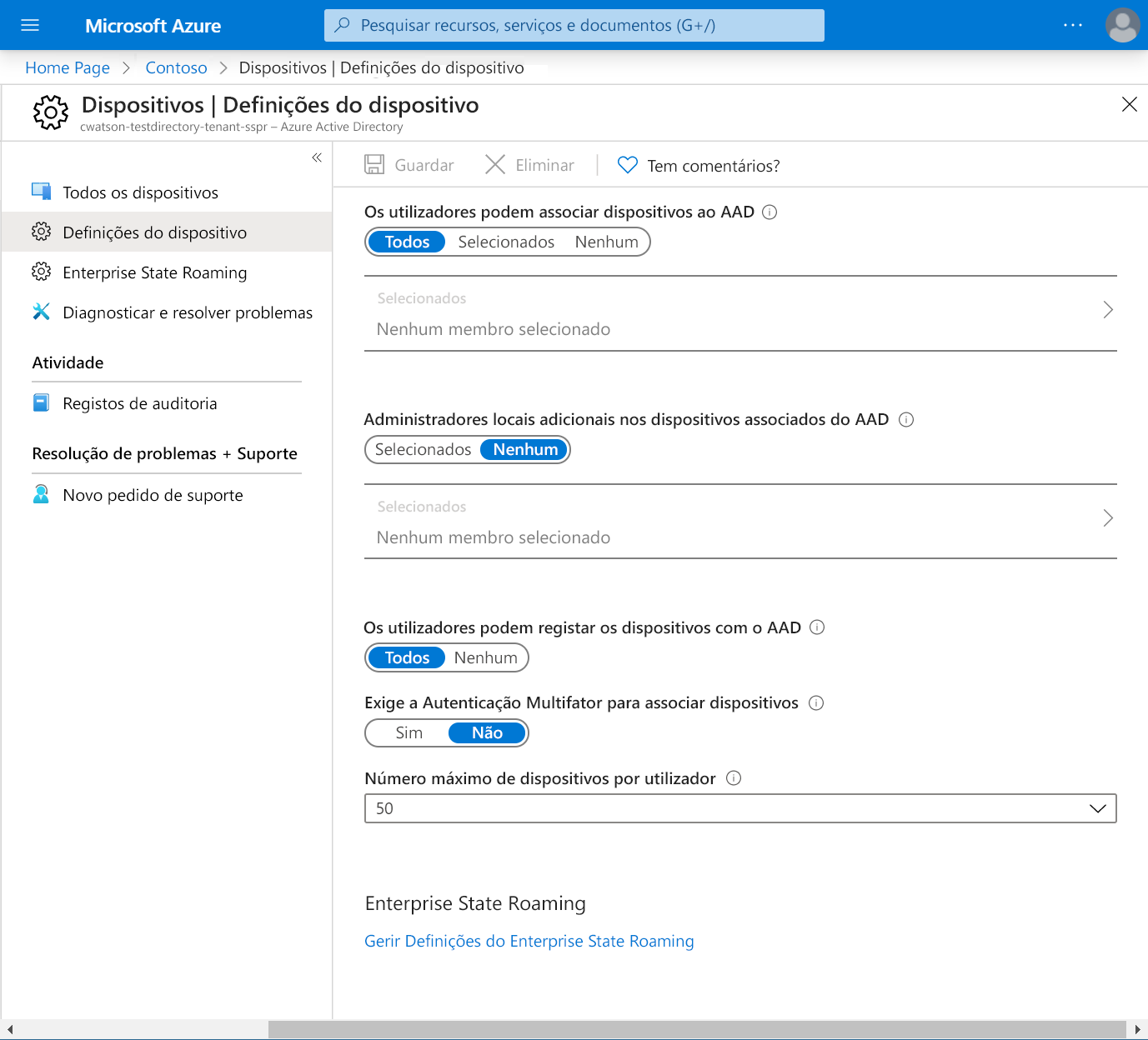 Captura de ecrã das definições do dispositivo Microsoft Entra.