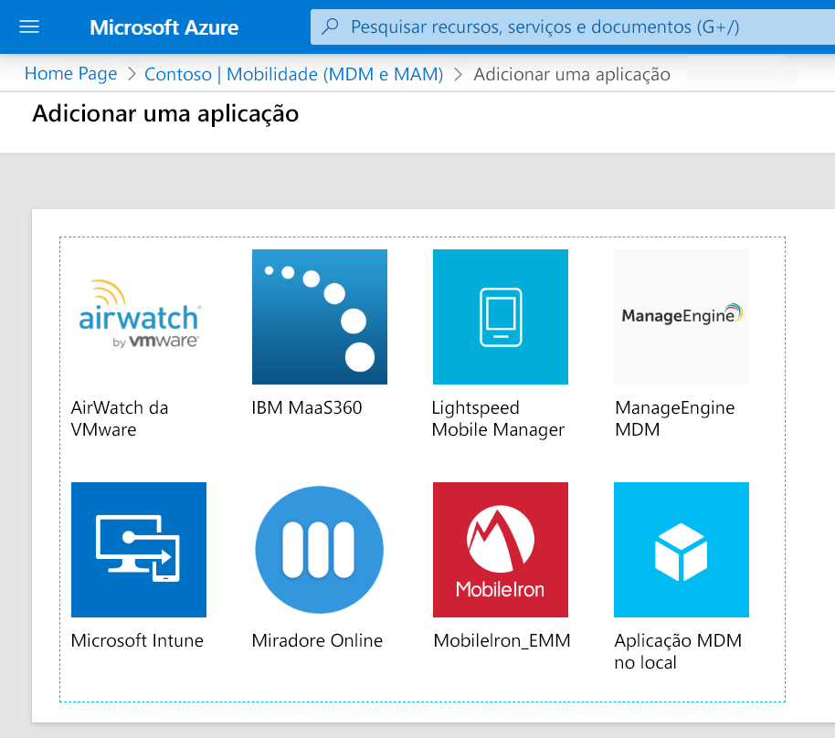 Captura de ecrã a mostrar as aplicações de mobilidade que pode adicionar, como o Microsoft Intune.