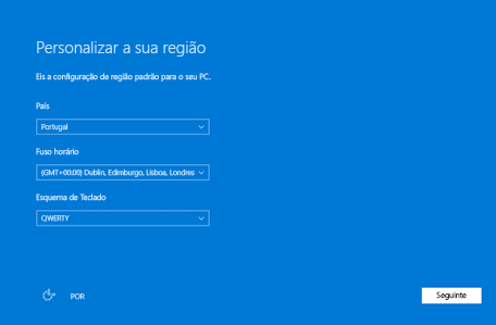 Captura de ecrã da personalização da região para o Windows 10.