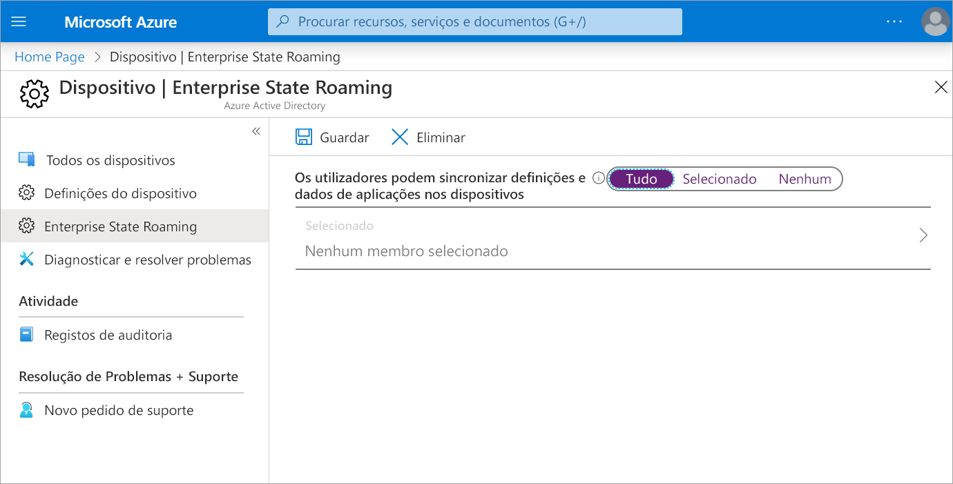 Captura de ecrã das opções do Enterprise State Roaming no portal do Azure.