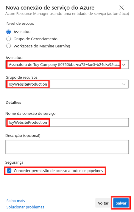 Screenshot of Azure DevOps that shows the New Azure service connection pane for the production environment, with the details completed and the Save button highlighted.