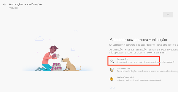 Captura de tela da interface do Azure DevOps que mostra a página para adicionar uma verificação e o item Aprovações.