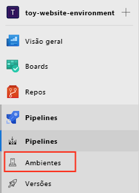 Captura de tela da interface do Azure DevOps que mostra o menu Pipelines e o item Ambientes.