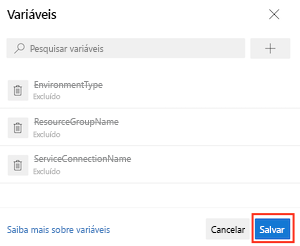 Captura de tela da interface do Azure DevOps que mostra a exclusão de três variáveis e o botão Salvar.