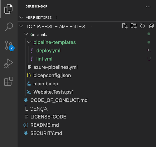 Captura de tela do Visual Studio Code Explorer, com a pasta pipeline-templates e o arquivo deploy dot YML.