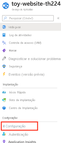 Captura de tela do portal do Azure que mostra o aplicativo Serviço de Aplicativo e o item de menu Configuração.