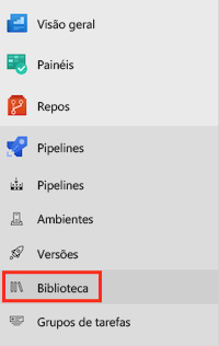 Captura de tela do Azure DevOps que mostra o item de menu Biblioteca na categoria Pipelines.