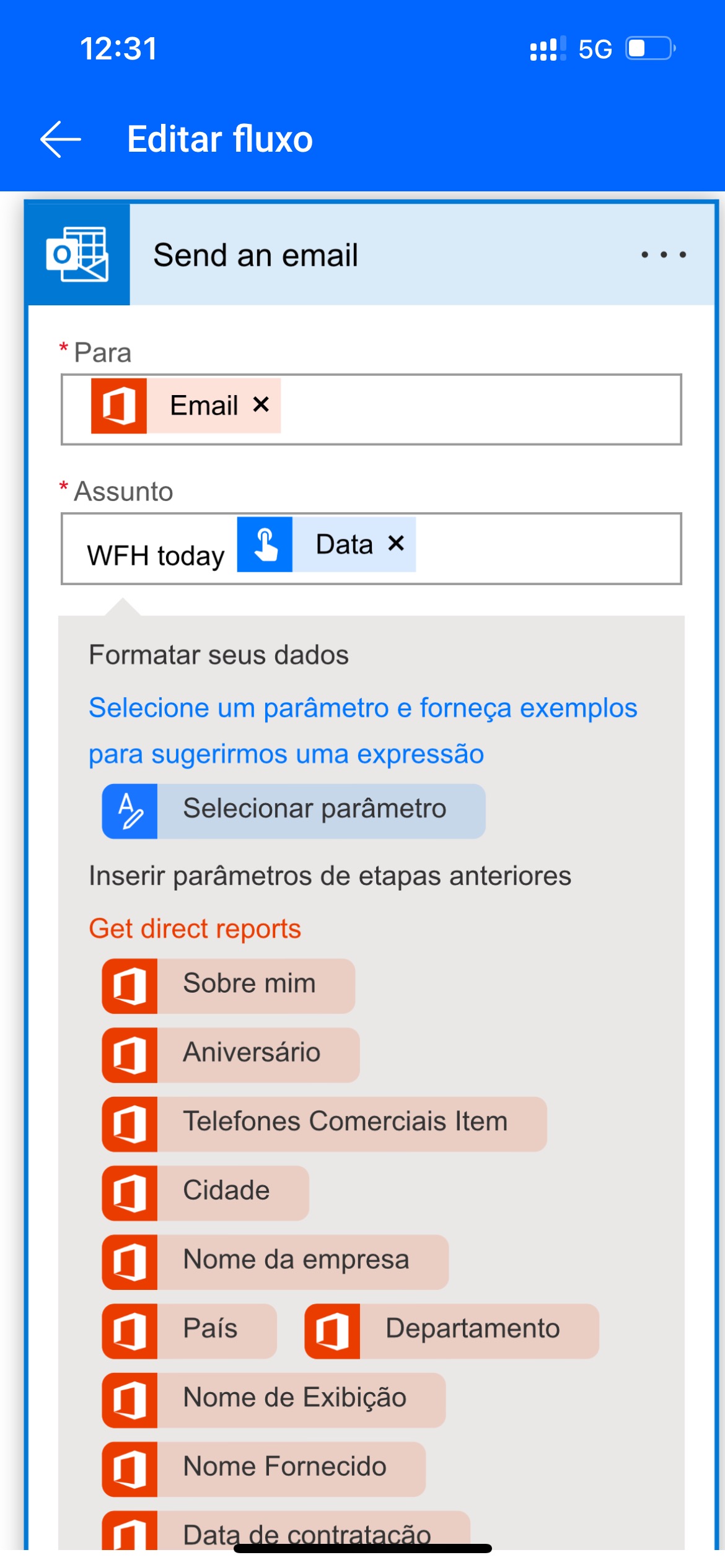 A captura de tela do token Data adicionado ao campo Assunto e o botão Concluído realçado.