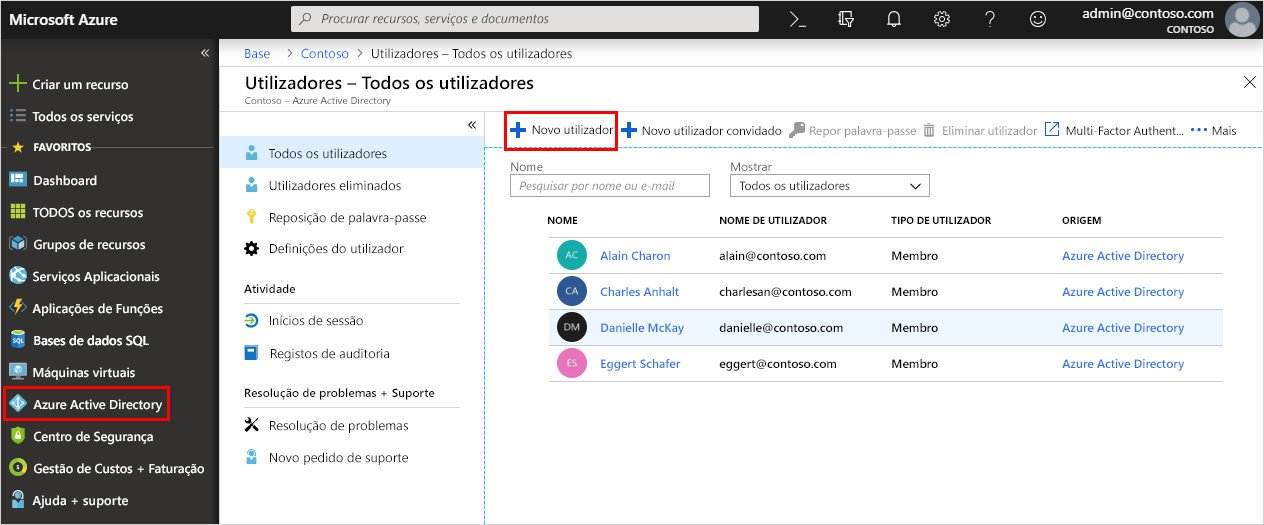 Captura de ecrã a mostrar o botão Novo Utilizador realçado no centro de administração do Microsoft Entra.