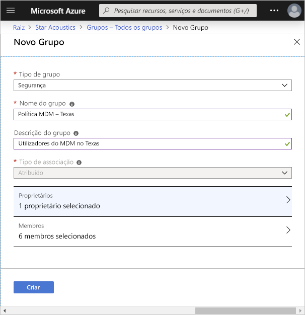 Captura de ecrã da funcionalidade Criar Grupo no portal do Azure.