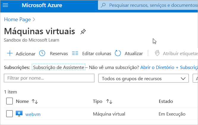 Screenshot of the Azure portal listing of virtual machines displaying webvm.