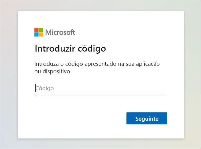 Captura de ecrã a mostrar a página Web onde pode colar o código do dispositivo.