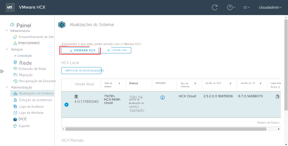 Screenshot of selecting VMware HCX, which downloads the OVA file for deployment on-premises.