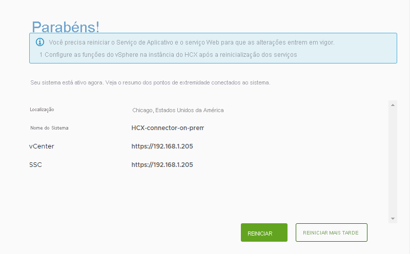 Screenshot of the end of configuring VMware HCX Manager on-premises.