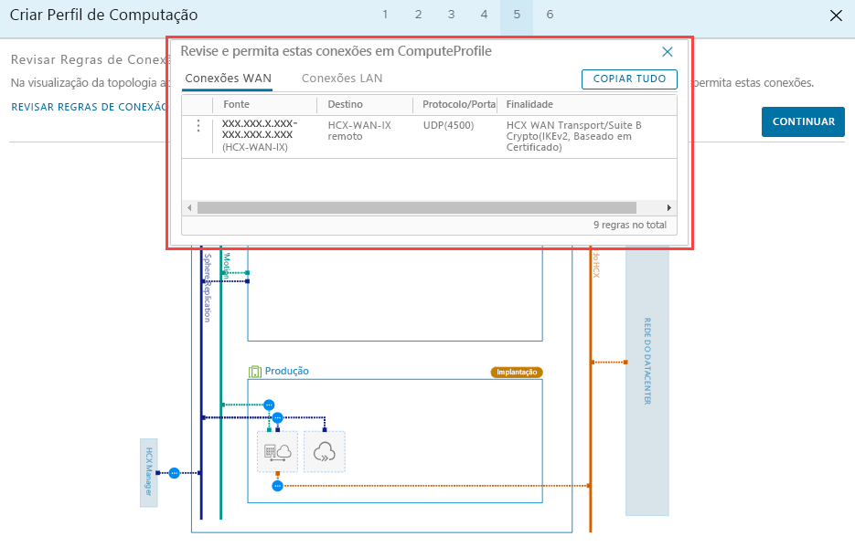 Screenshot that shows the connection rules and the Continue button in the on-premises HCX Connector.