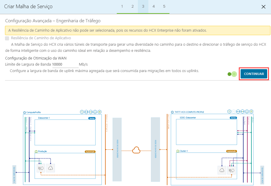 Screenshot displaying that application resiliency can't be selected because there isn't an HCX Enterprise license key.