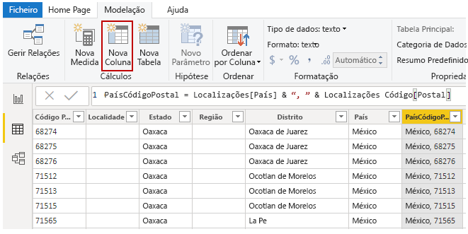 Captura de ecrã a mostrar o botão Nova Coluna.