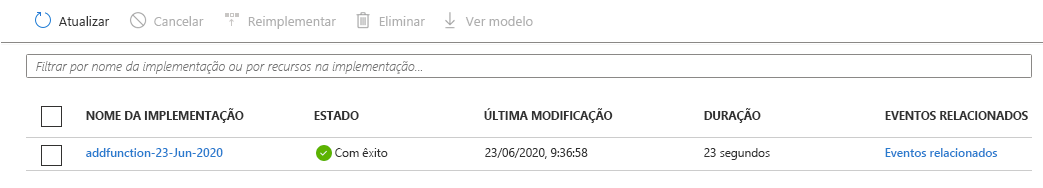 Captura de ecrã do portal do Azure que mostra implementações. Uma implantação está listada e tem o status de Bem-sucedida.