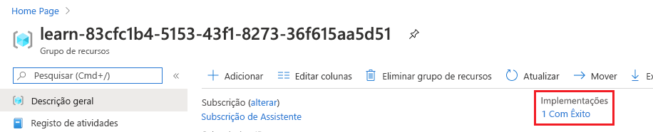 Captura de ecrã do portal do Azure que mostra a visão geral do grupo de recursos. A seção Implantações mostra que uma implantação foi bem-sucedida.