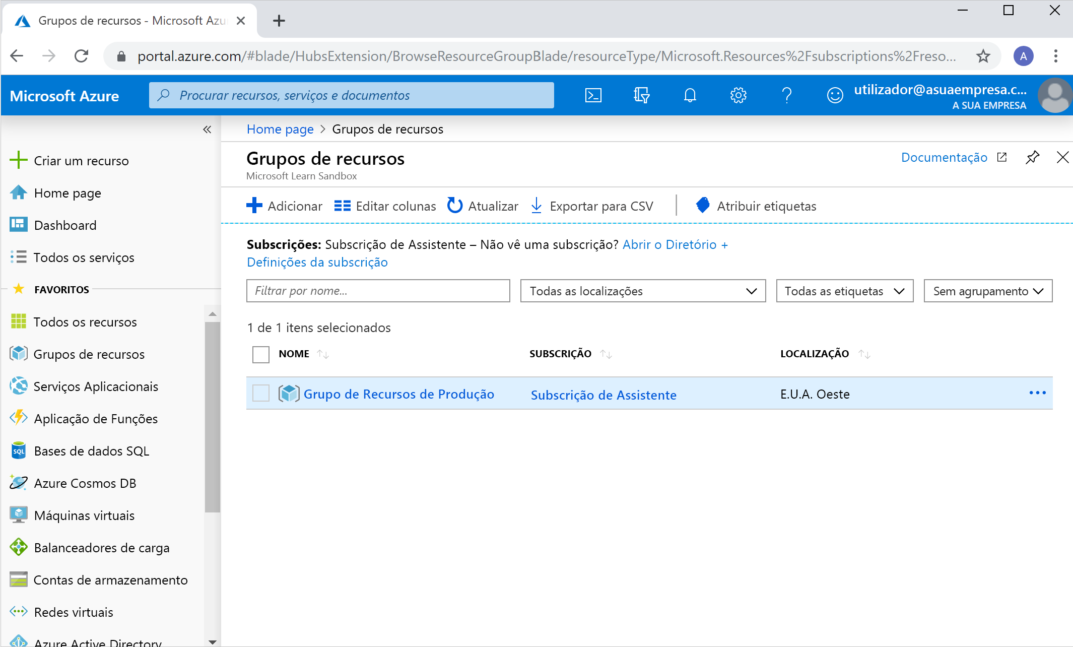 Captura de ecrã que mostra a página Grupos de recursos.