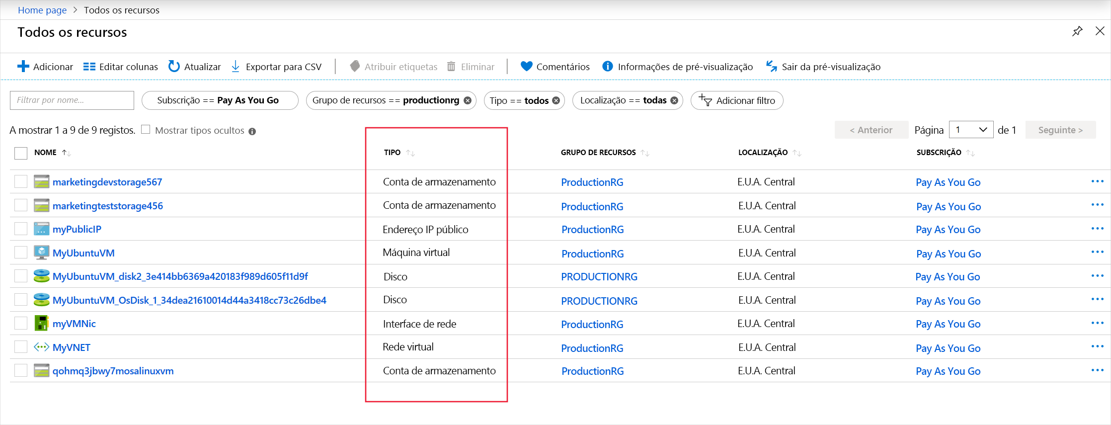 Captura de ecrã que mostra a coluna de tipo de recurso na página Todos os recursos.