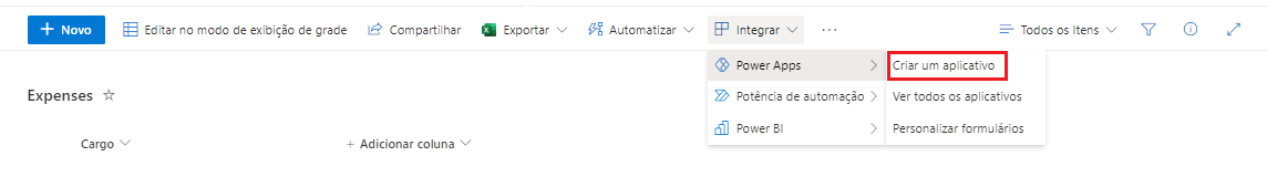 Captura de tela da barra de ferramentas do SharePoint com o menu do PowerApps expandido e Ver todos os aplicativos realçado.